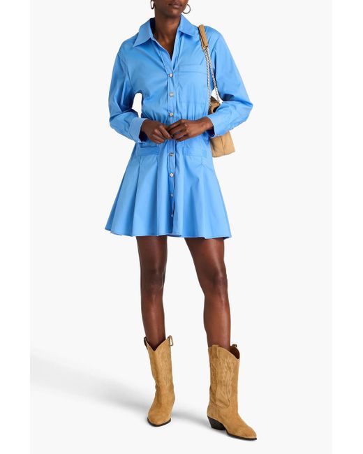 Maje Blue Gathered Cotton-blend Mini Shirt Dress