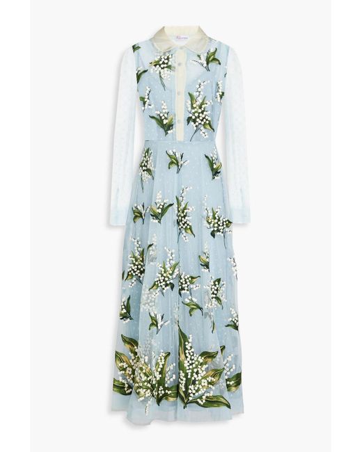 RED Valentino Green Embroidered Tulle And Point D'esprit Midi Dress