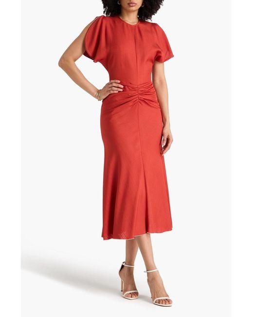 Victoria Beckham Red Ruched Grain De Poudre Midi Dress