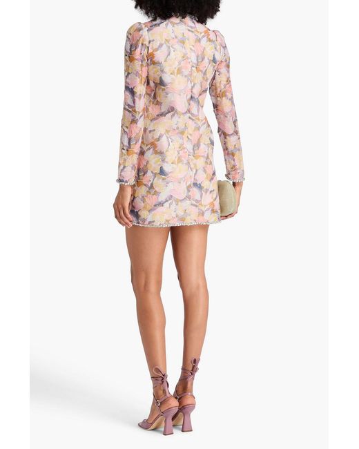 Zimmermann Pink Crystal-Embellished Printed Linen And Silk-Blend Mini Dress
