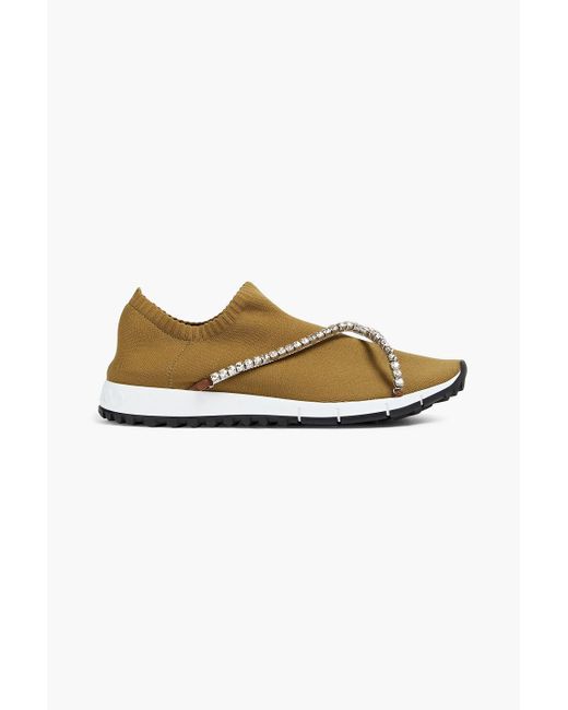 Jimmy Choo Brown Crystal-embellished Stretch-knit Sneakers