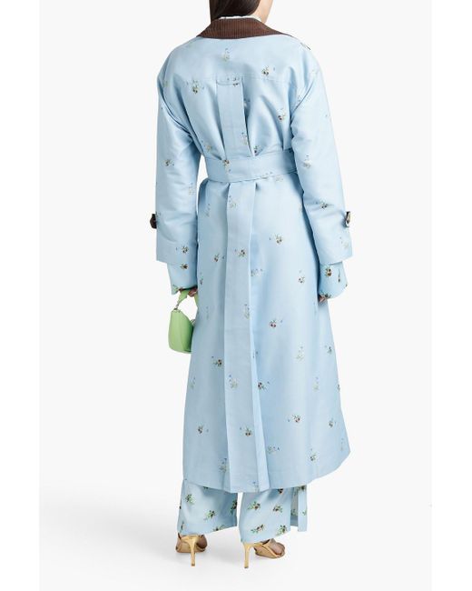 Sleeper Blue Corduroy-trimmed Floral-print Trench Coat