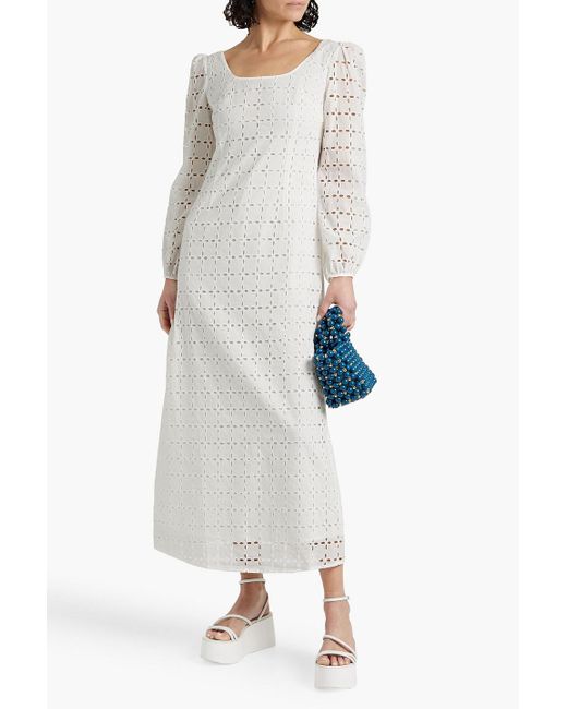 HVN White Jules Broderie Anglaise Cotton Maxi Dress