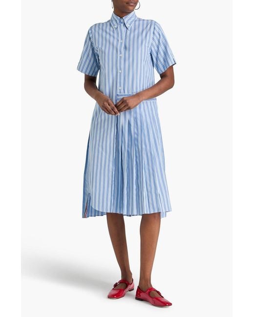 Thom Browne Blue Pleated Striped Cotton-Poplin Midi Shirt Dress