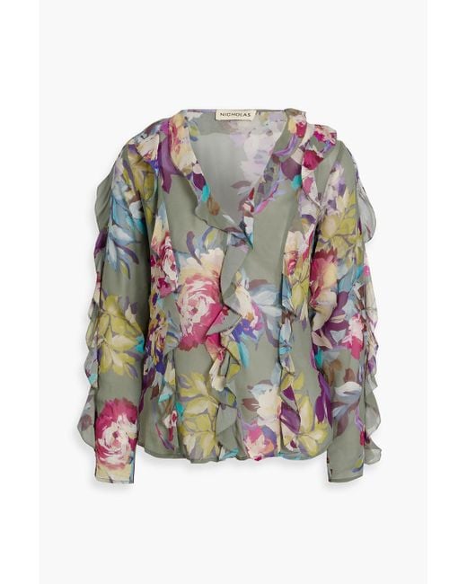 Nicholas Green Ruffled Floral-Print Silk-Chiffon Blouse