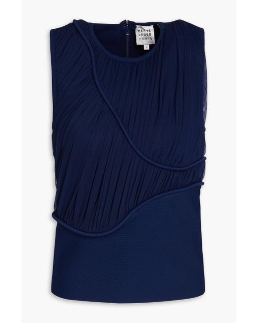 Hervé Léger Blue Ruched Stretch-tulle And Ponte Top