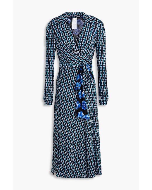 Diane von Furstenberg Blue Phoenix Reversible Printed Stretch-mesh Midi Wrap Dress