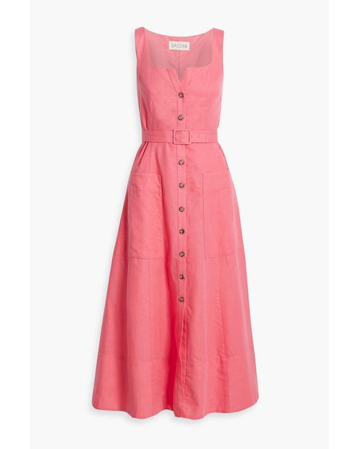 Saloni Pink Bibba Belted Cotton And Linen-blend Midi Dress