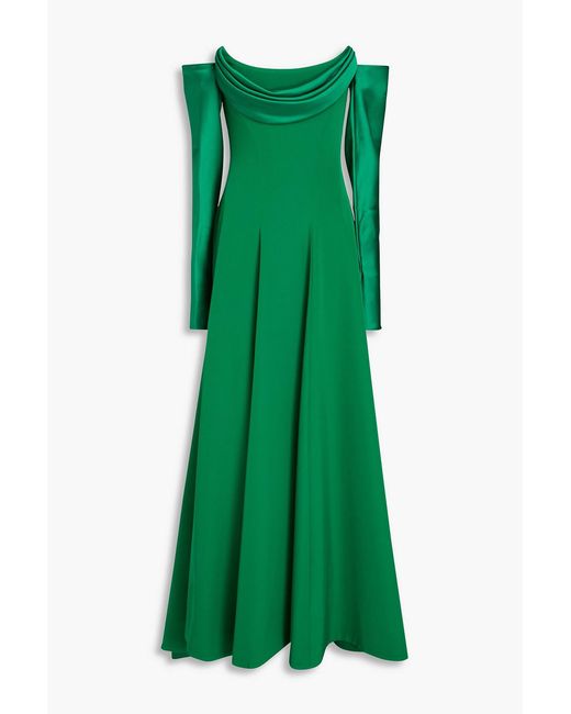 Rhea Costa Green Raven Off-the-shoulder Draped Satin-trimmed Crepe Gown