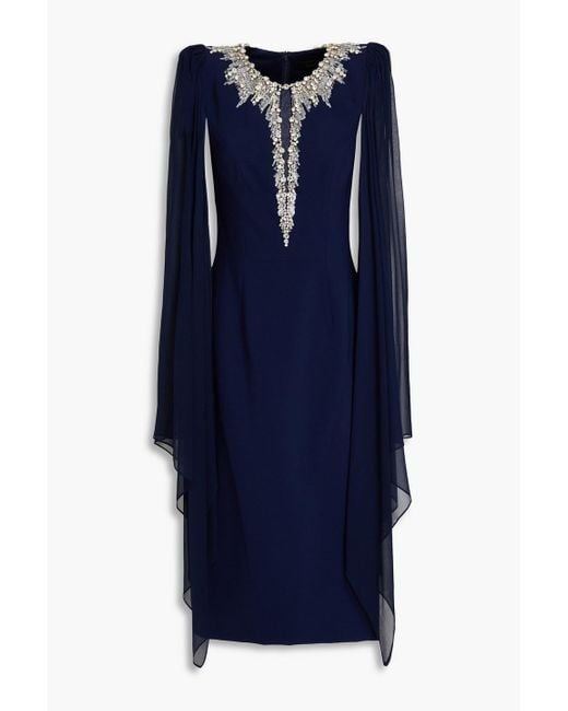 Jenny Packham Blue Embellished Crepe And Silk-chiffon Midi Dress