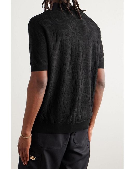 Versace Black Jacquard-Knit Silk And Cotton-Blend Polo Shirt for men