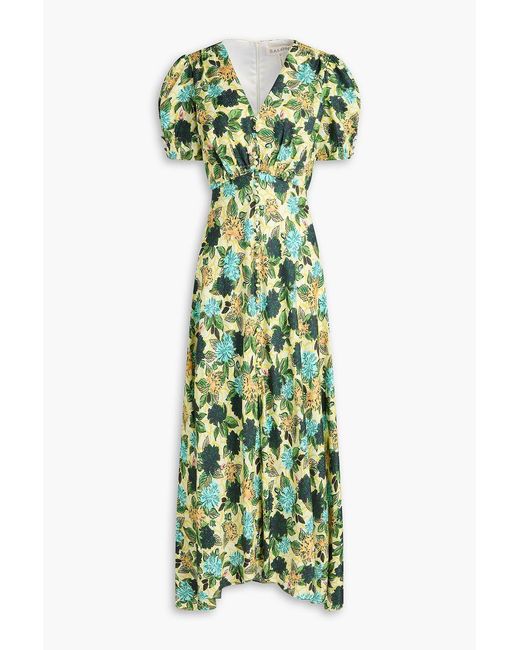 Saloni Green Lea Printed Silk-Satin Jacquard Maxi Dress
