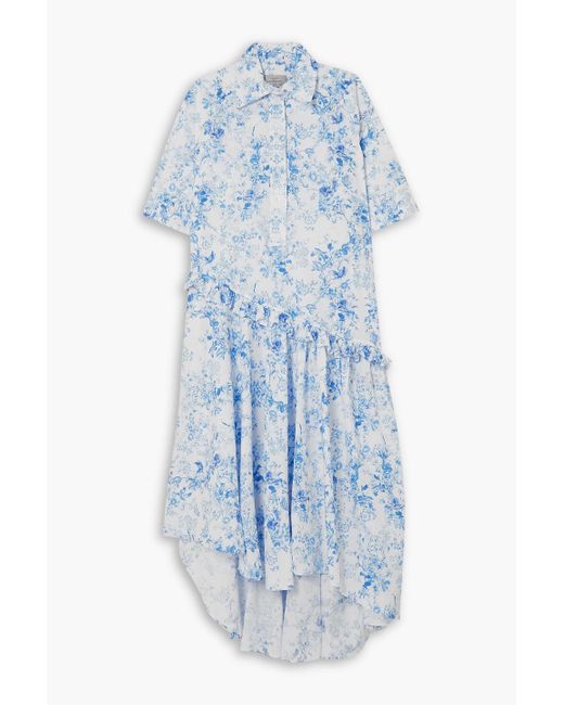 Preen By Thornton Bregazzi Blue Atreides Asymmetric Ruffled Floral-print Cotton-poplin Shirt Dress