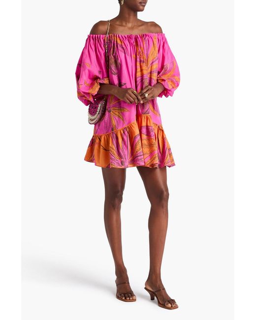 Farm Rio Pink Off-The-Shoulder Printed Cotton-Blend Sateen Mini Dress