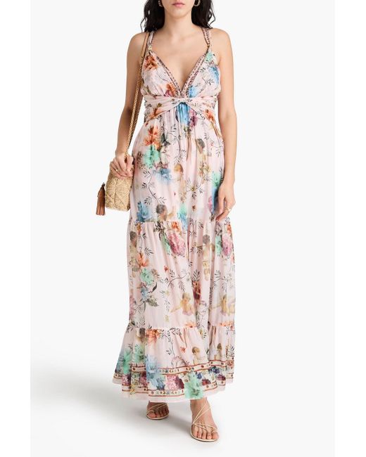 Camilla White Crystal-Embellished Floral-Print Silk-Voile Midi Dress