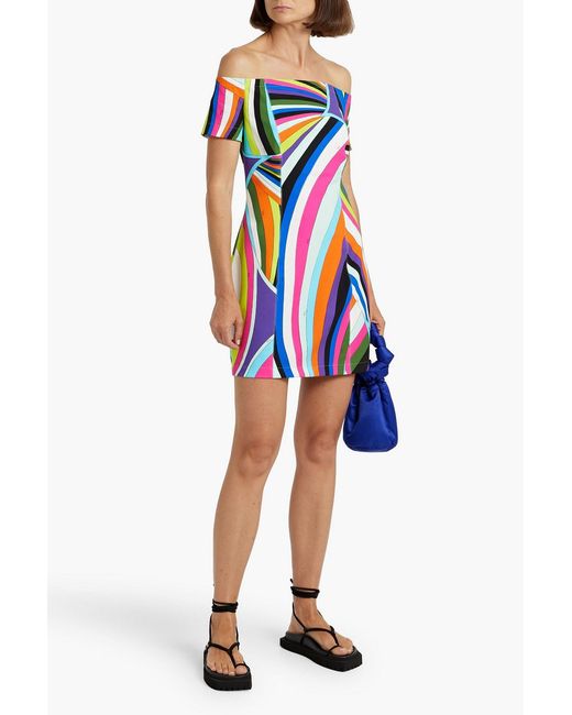 Emilio Pucci Blue Off-the-shoulder Printed Stretch-ponte Mini Dress