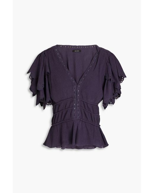 Isabel Marant Blue Lemila Broderie Anglaise Cotton And Silk-blend Crepon Top