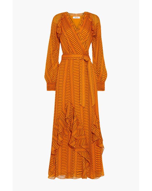 Diane von Furstenberg Orange Mercy Ruffled Printed Silk-georgette Maxi Wrap Dress