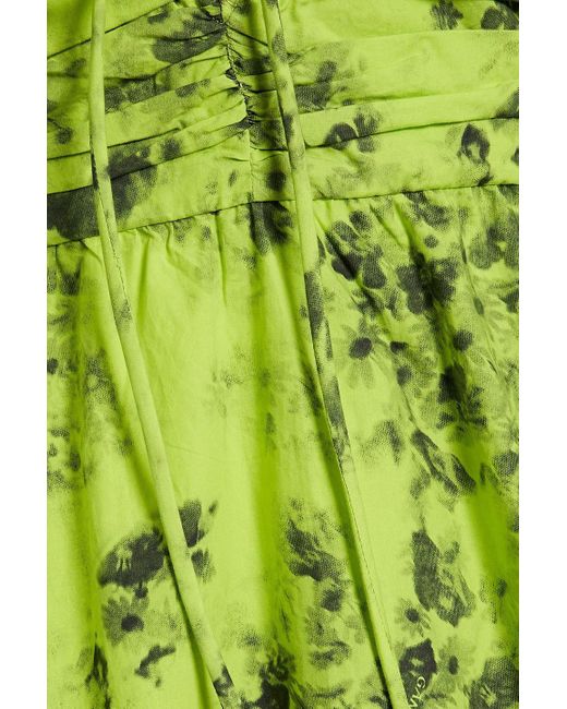 Ganni Green Ruched Floral-print Cotton-poplin Mini Dress