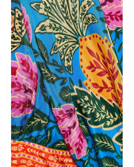 Farm Rio Blue Cutout Floral-print Crepe De Chine Midi Dress