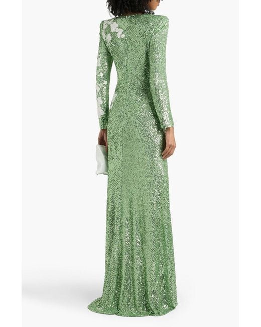 Naeem Khan Green Embroidered Sequined Stretch-tulle Gown