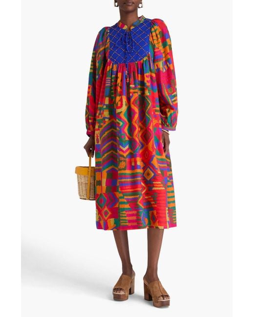 Farm Rio Red Midikleid aus einer leinenmischung mit zierperlen und print