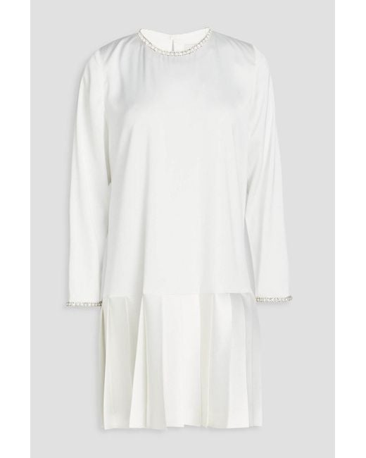 Sandro White Pleated Embellished Crepe De Chine Mini Dress