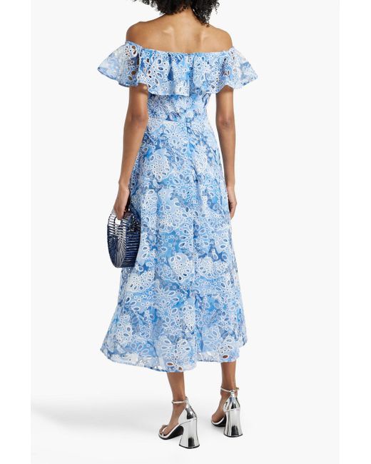 Mikael Aghal Blue Off-the-shoulder Ruffled Printed Broderie Anglaise Midi Dress