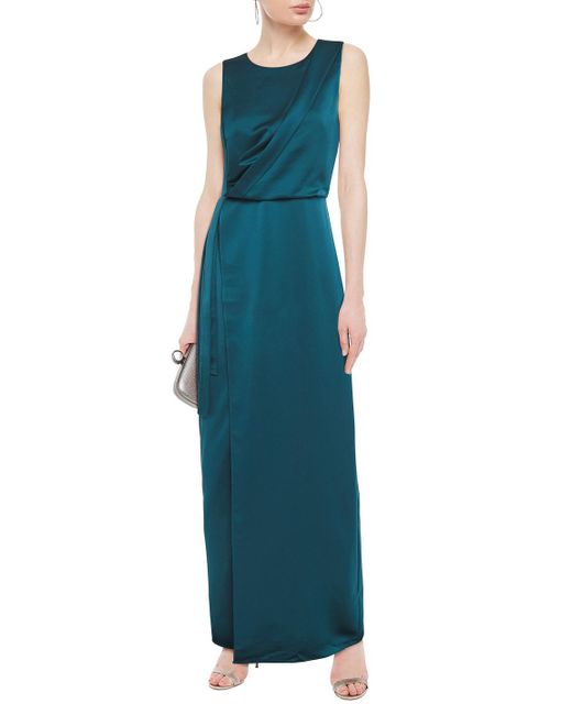 Halston Wrap-effect Draped Hammered-satin Gown in Blue | Lyst