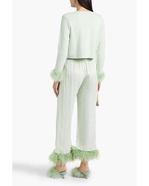 Sleeper White Party Feather-trimmed Crepe De Chine Pajama Pants