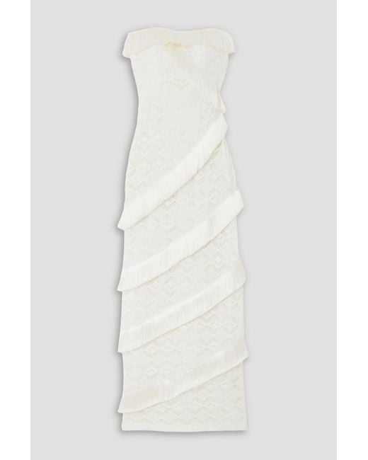 PATBO White Strapless Fringed Crocheted Maxi Dress