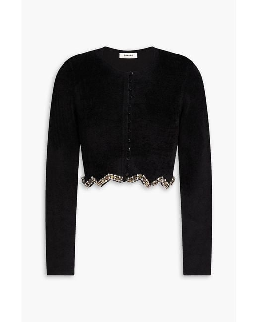 Sandro Black Cropped Crystal-Embellished Velvet Cardigan