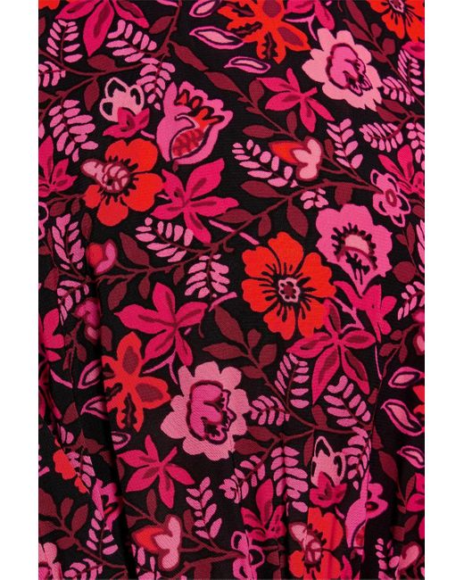 10 Crosby Derek Lam Red Gathe Floral-print Crepe De Chine Top