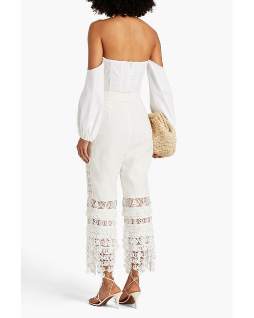 Zimmermann White Cropped Guipure Lace And Linen Straight-leg Pants