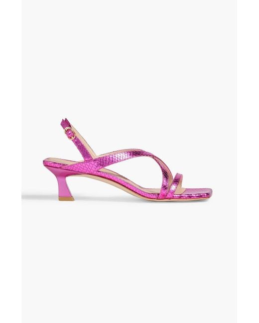 Stuart Weitzman Pink Oasis 50 Metallic Snake-Effect Leather Slingback Sandals