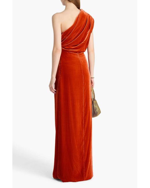 Costarellos Red One-shoulder Draped Cutout Velvet Gown