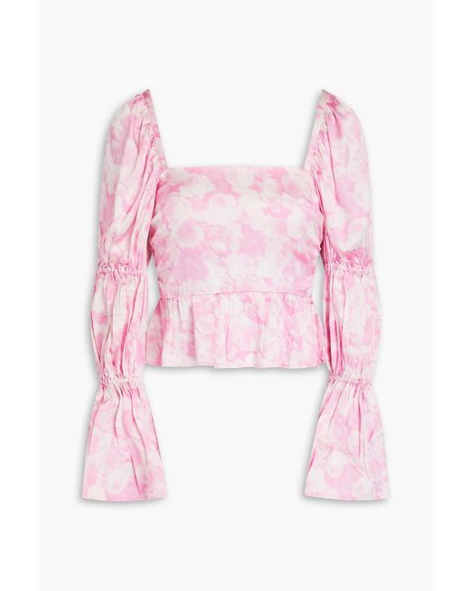 Ganni Pink Floral-print Stretch-silk Sati Top