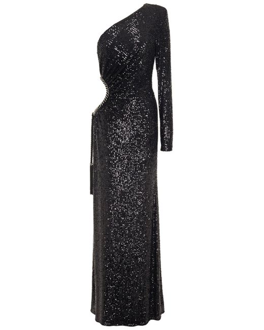 Dundas Black One-shoulder Cutout Sequined Tulle Gown