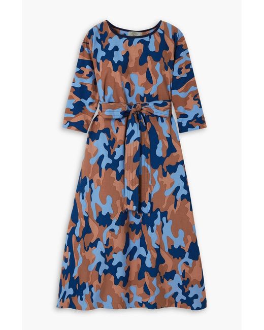 Yvonne S Blue Belted Camouflage-print Cotton-poplin Midi Dress