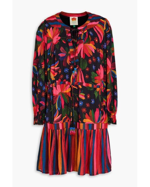 Farm Rio Tiered Embellished Printed Crepe Mini Dress