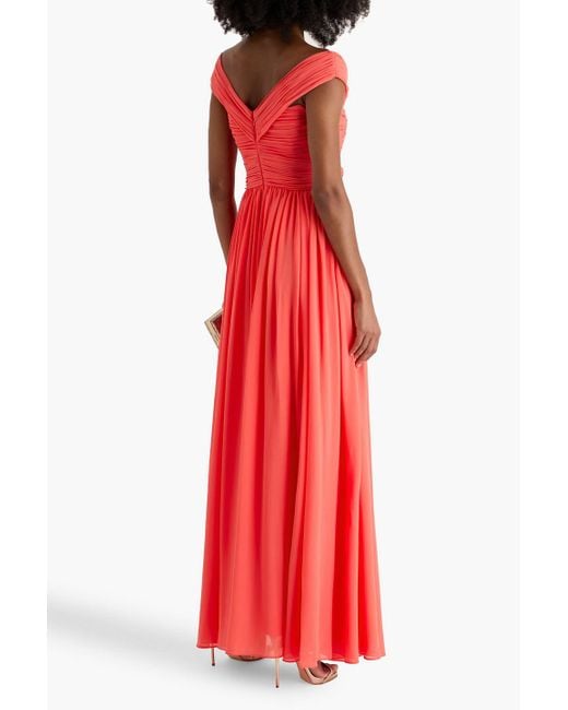 Badgley Mischka Red Off-The-Shoulder Pintucked Georgette Gown