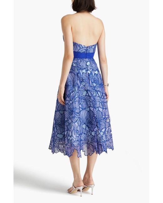 Marchesa Blue Strapless Taffeta-paneled Embroidered Tulle Midi Dress