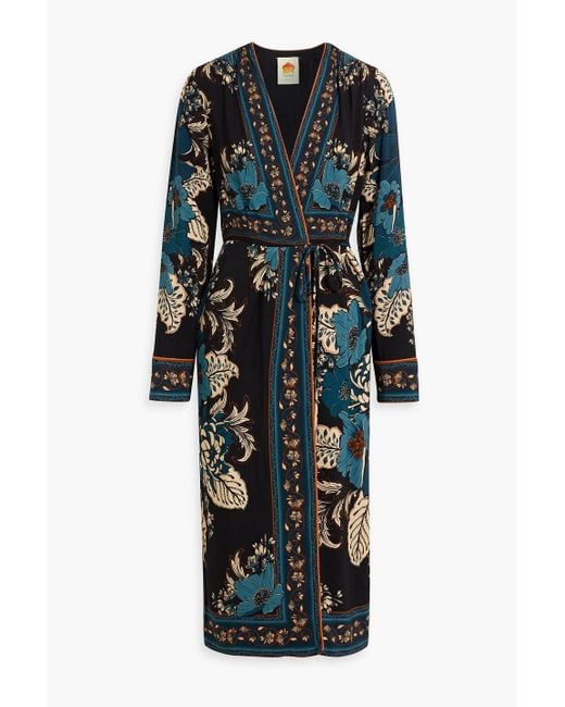 Farm Rio Black Midi-wickelkleid aus crêpe mit floralem print
