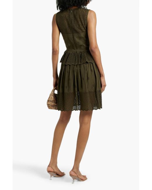 Ulla Johnson Green Jessa gestuftes minikleid aus baumwolle mit lochstickerei