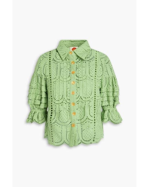 Farm Rio Green Pintucked Broderie Anglaise Cotton Shirt