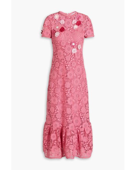 RED Valentino Pink Floral-appliquéd Macramé Lace Midi Dress