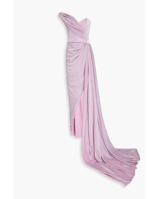 Rhea Costa Pink One-shoulder Draped Metallic Jersey Gown