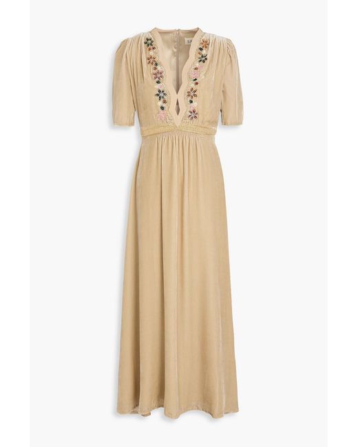 Saloni Natural Tabitha Embellished Velvet Midi Dress