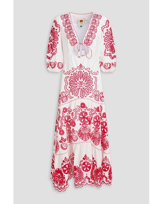 Farm Rio Red Bead-Embellished Broderie Anglaise Cotton Midi Dress