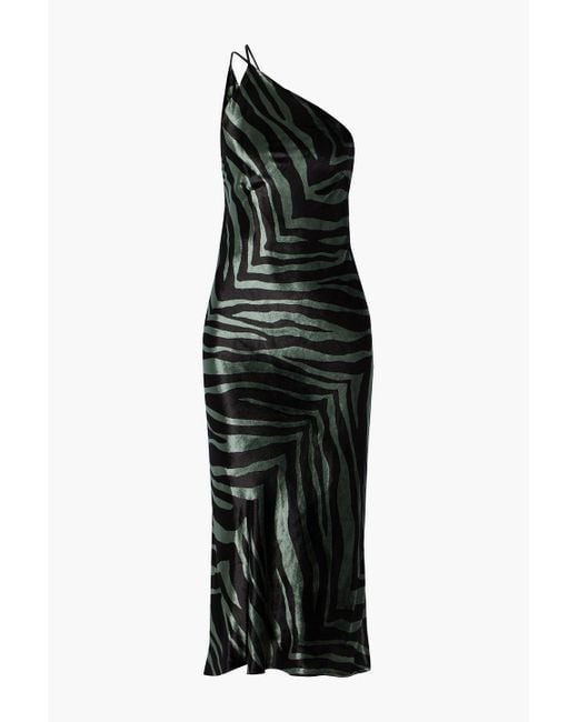 Michelle Mason Green One-shoulder Zebra-print Velvet Midi Dress